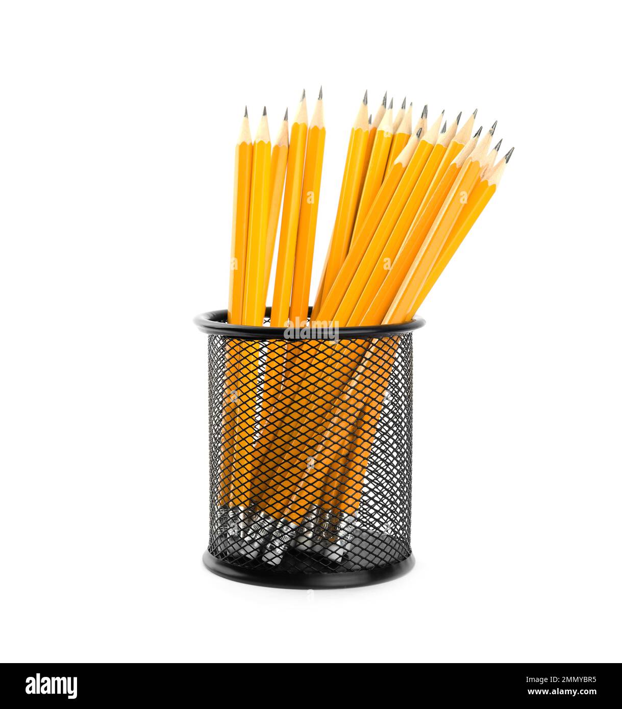 Many sharp pencils in holder isolated on white Stock Photo