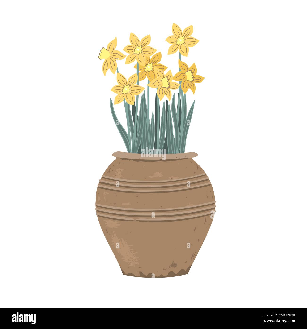 Potted Daffodil plant. First Spring Flowers in a vintage clay pot ...