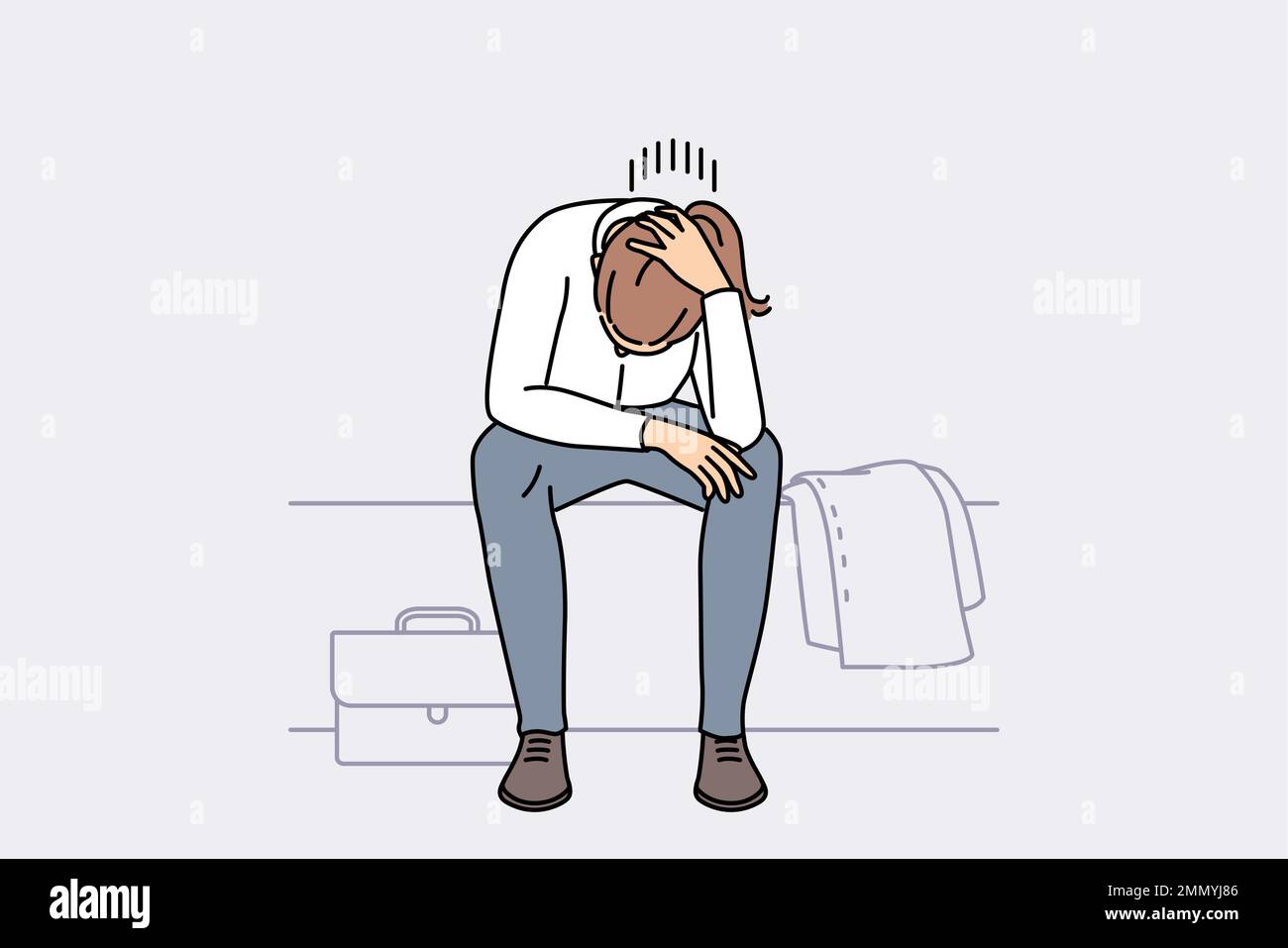 Distressed young woman feel low and depressed at work. Unhappy female employee suffer from burnout or depression at workplace. Vector illustration.  Stock Vector