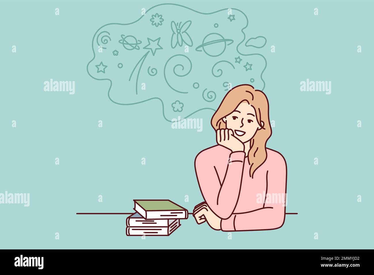 Carefree woman sitting at table with books resting chin on hand is distracted from preparing for exams. Student girl procrastinates and dreams during extracurricular work. Flat vector design  Stock Vector