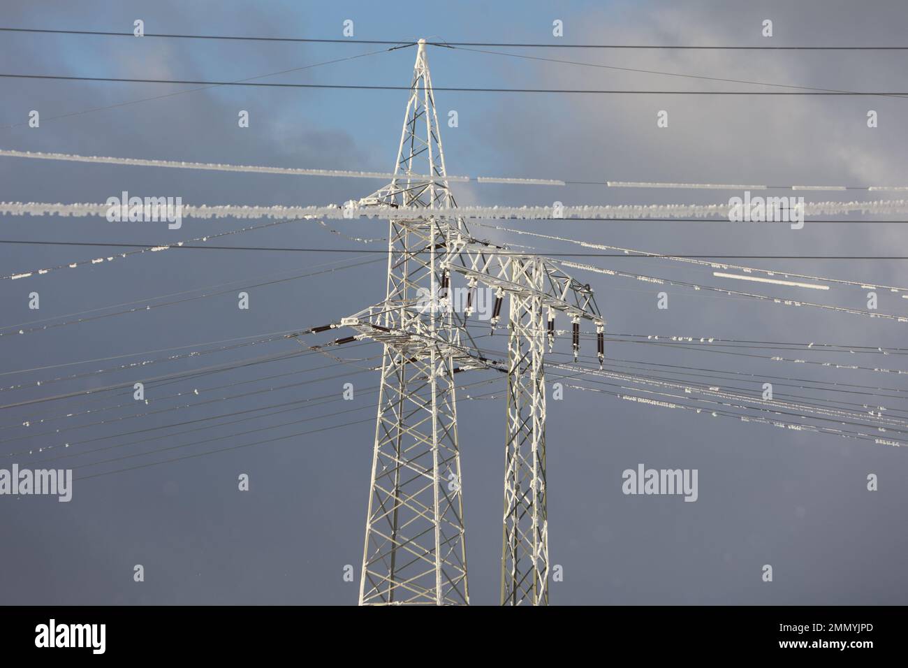 Pylon Defect PRODUCTION - 30 January 2023, Saxony-Anhalt, Hüttenrode: Power pylons ...