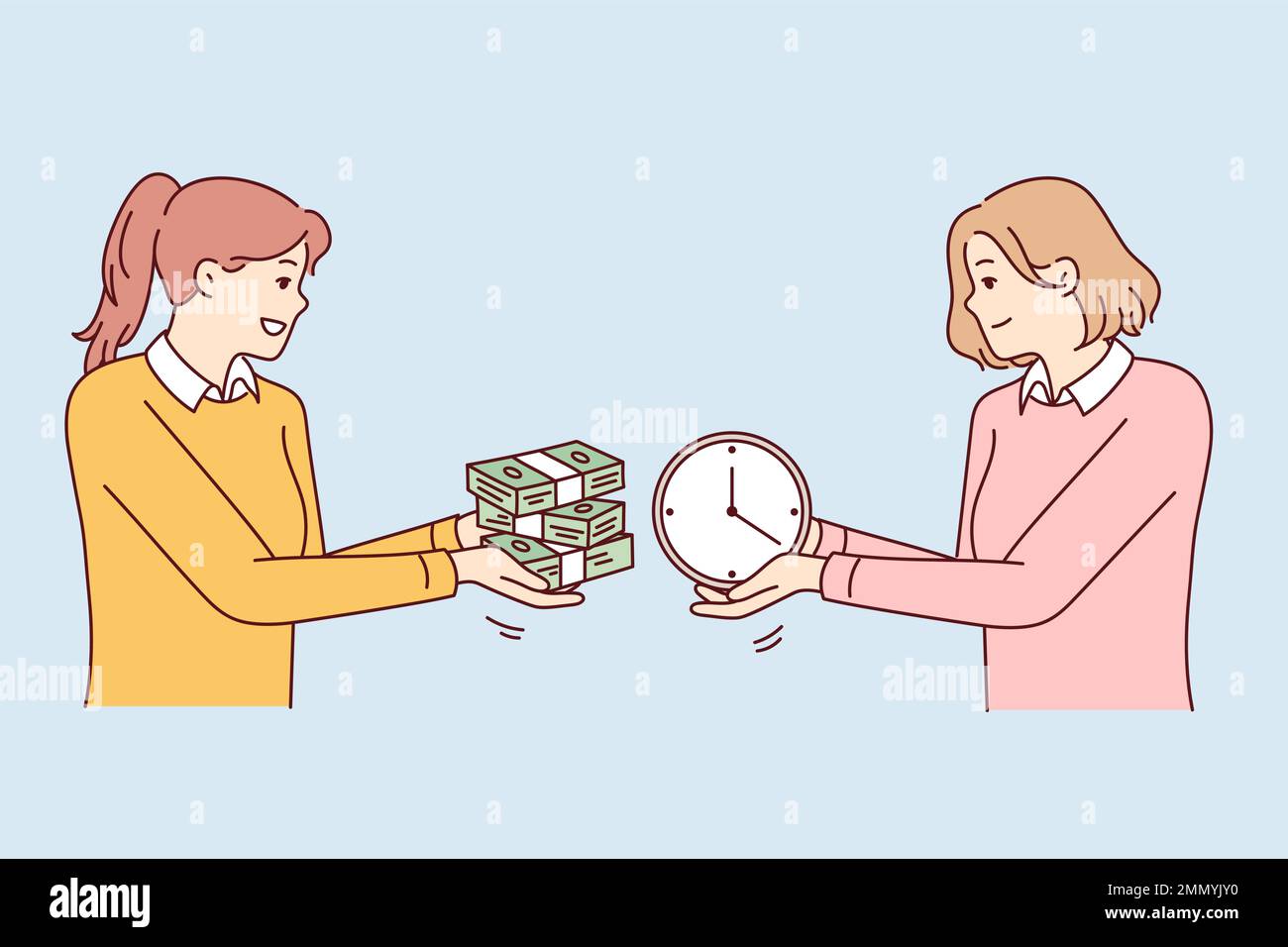 Two women exchange wads of money and watches, symbolizing purchase of