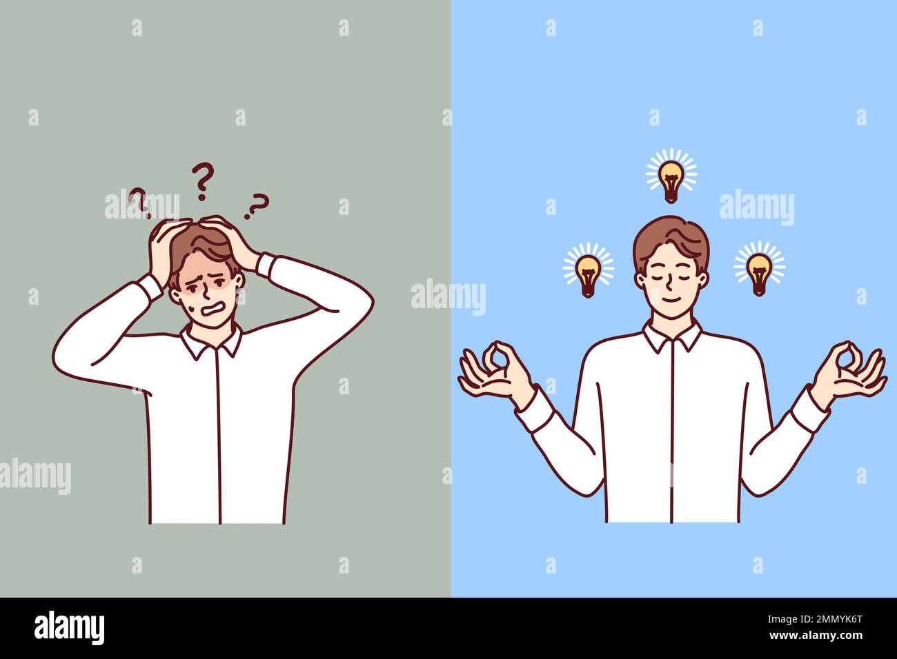 Discouraged man clutching head and meditating guy with light bulbs near