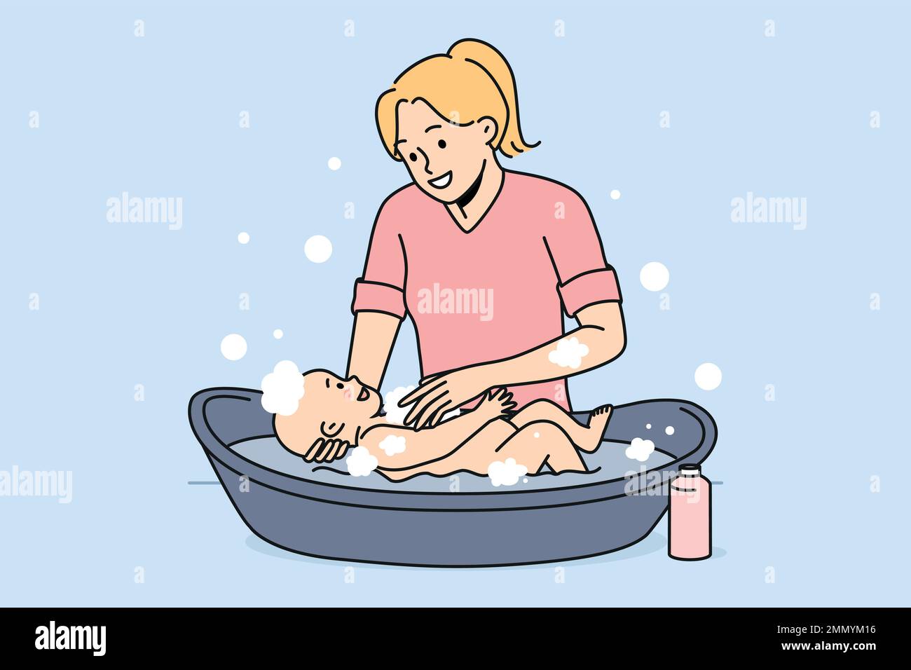 Smiling young mother washing cute baby infant in bath. Happy mom do daily cleaning hygiene