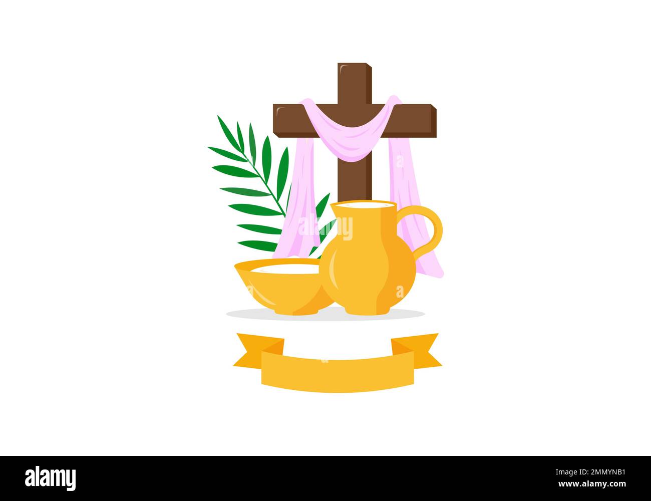 Christian greeting card or banner of the Holy Week before Easter. the bason and ewer with water, palm branches, cross of Jesus Christ, clean ribbon. Vector illustration Stock Vector
