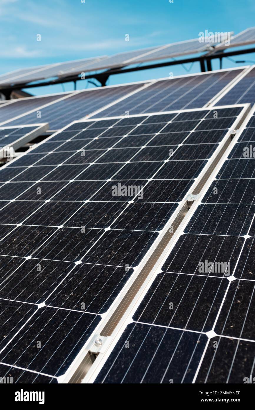Closeup detail of solar panel industrial equipment installation, selective focus Stock Photo