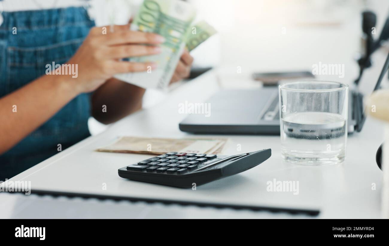 Business woman and cash money with calculator count for profit