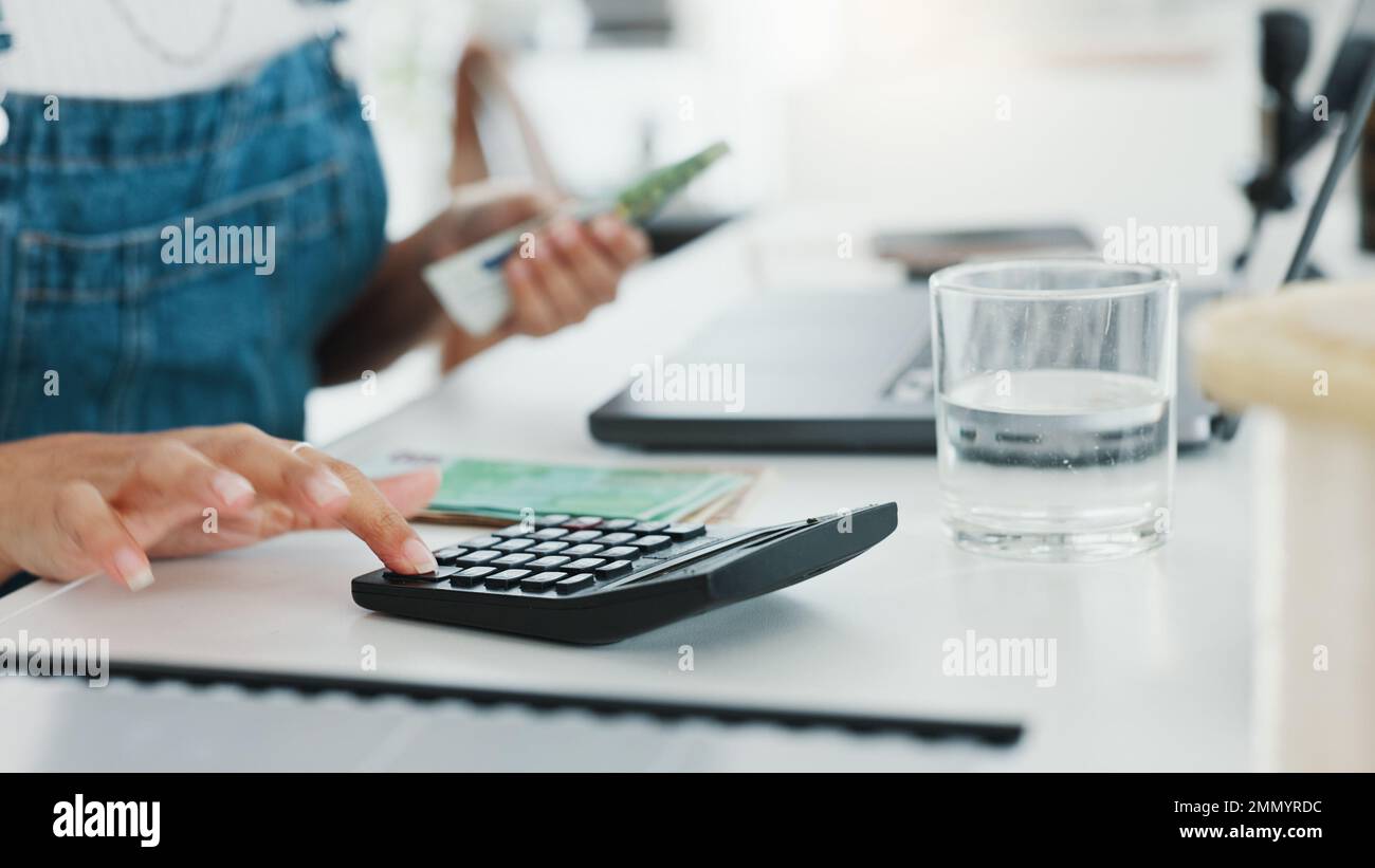 Business woman and cash money with calculator count for income profit analysis check in office. Professional finance, planning and organisation of Stock Photo