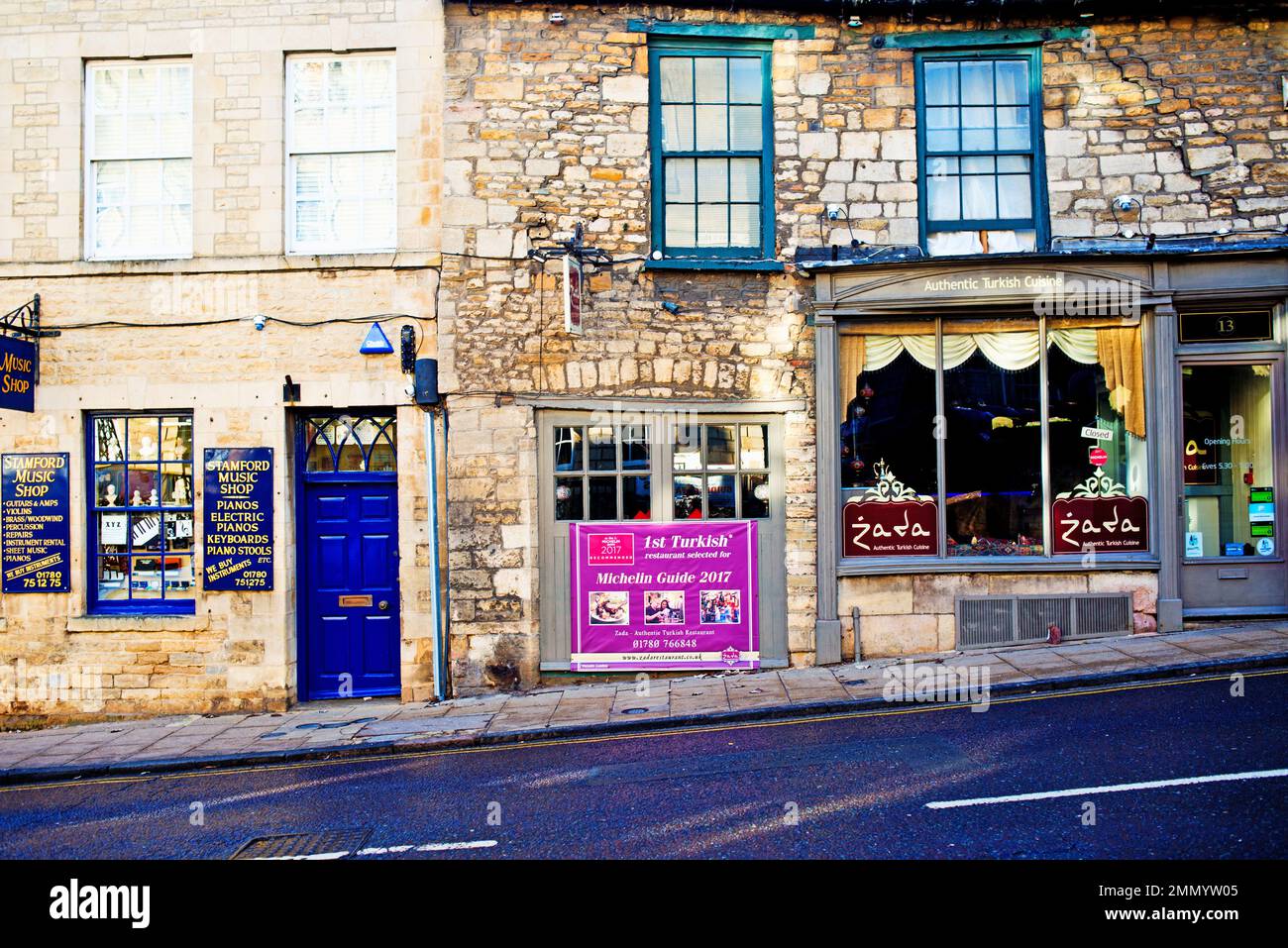 Music Store and Turkish Restaurant, St Marys Hill, Stamford, Lincolnshire, England Stock Photo