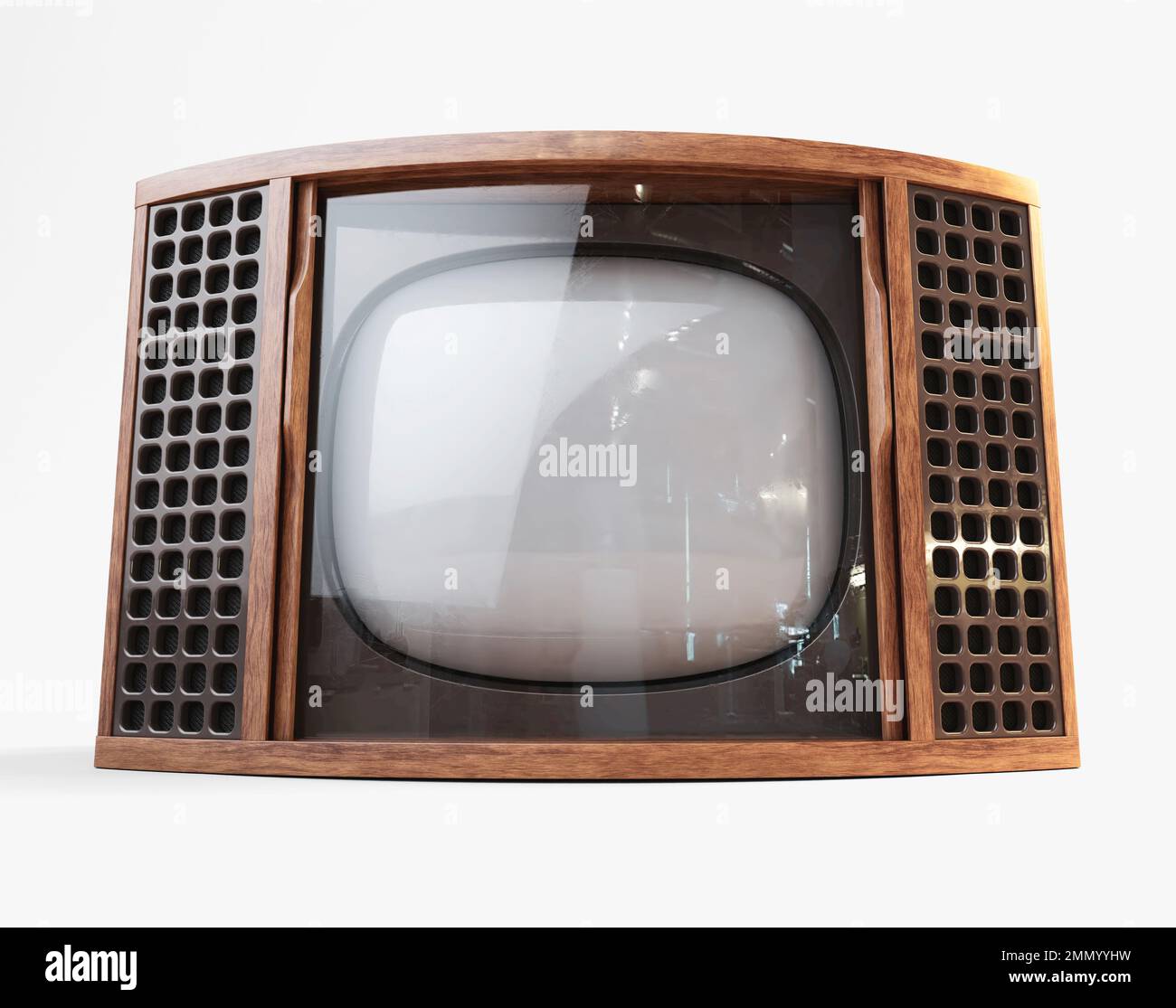 A vintage tv cabinet from the seventies made of plastic and wood on an isolated white studio background - 3D render Stock Photo