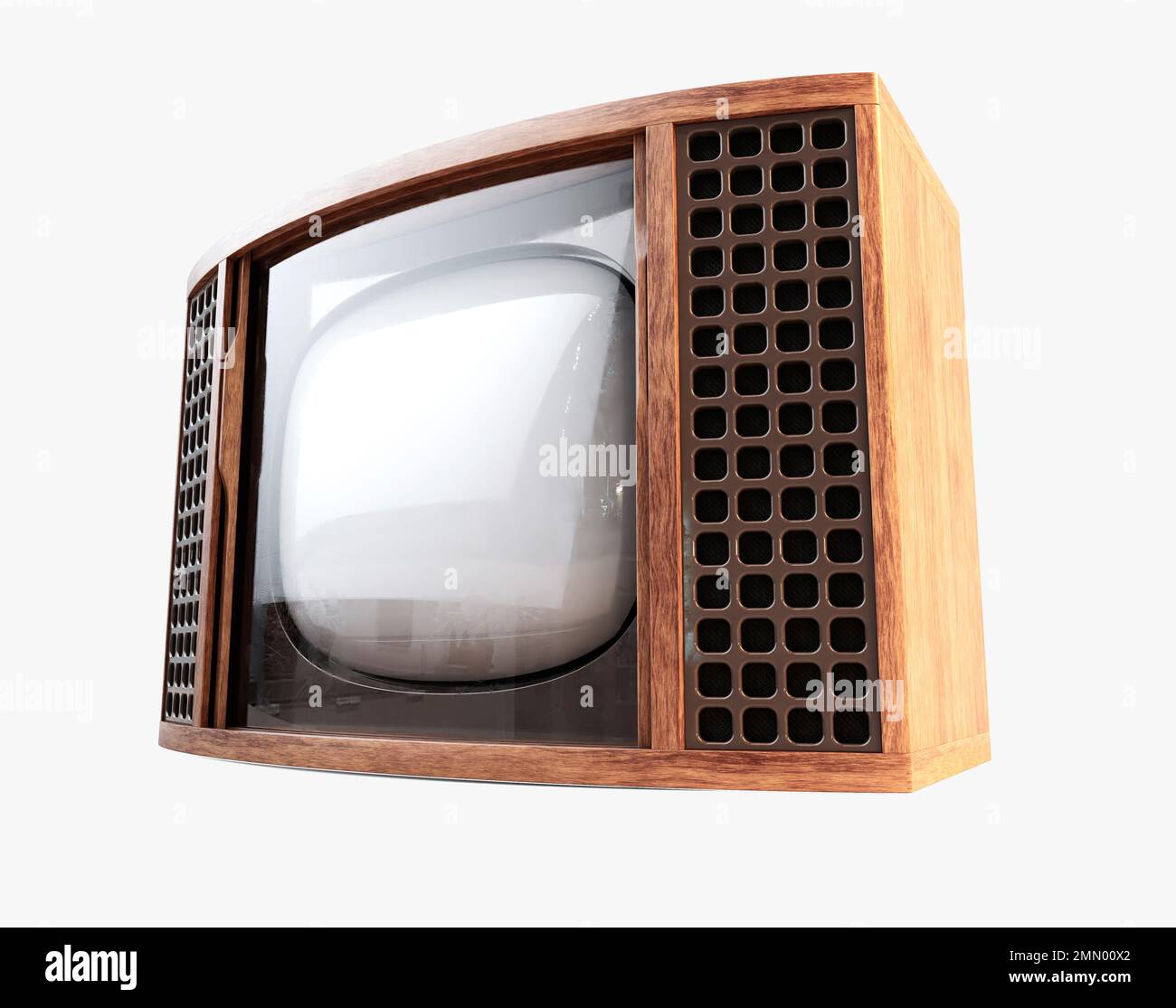 A vintage tv cabinet from the seventies made of plastic and wood on an isolated white studio background - 3D render Stock Photo