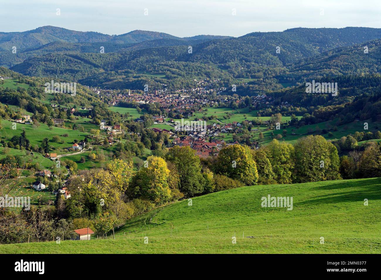 France, Haut Rhin, Munster valley and Munster city inter background Stock Photo