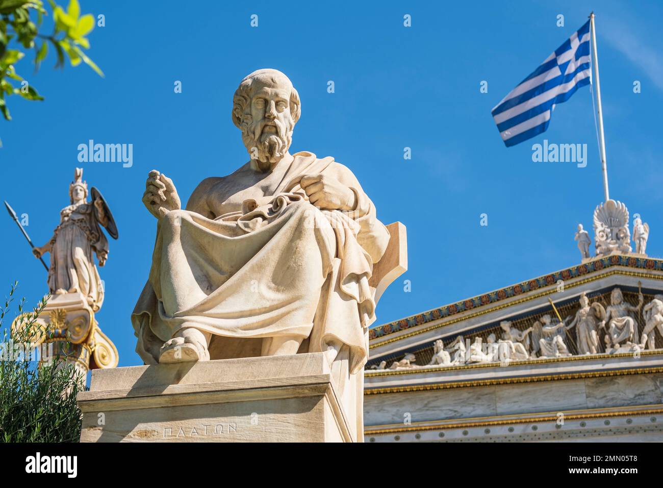 Greece, Athens, the Academy of Athens, neoclassical building designed in 1859 by the Danish architect Theophil Hansen (1813-1891), statue of Plato Stock Photo