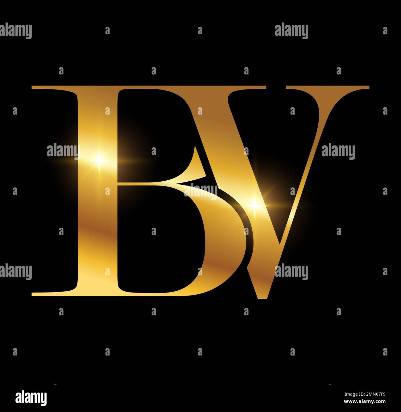 A vector Illustration in black background with gold shine effect of Gold Monogram Logo Initial Letters BV Stock Vector