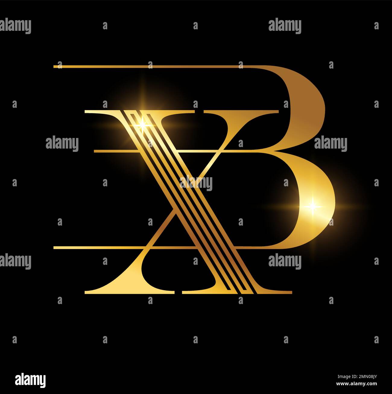 A vector Illustration in black background with gold shine effect of Gold Monogram Logo Initial Letters BX Stock Vector