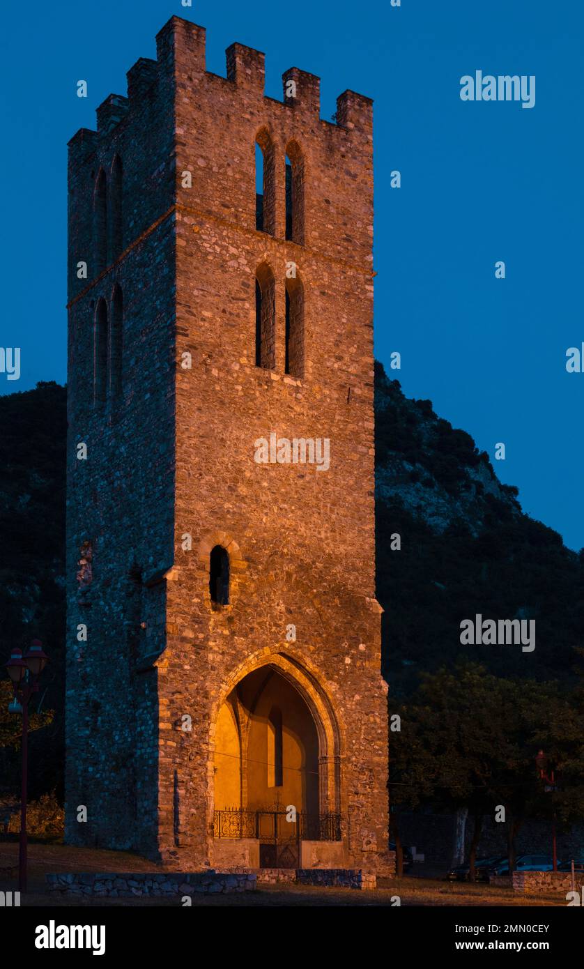 France, Ariege, Tarascon sur Ariege, night view of a fortified tower Stock Photo