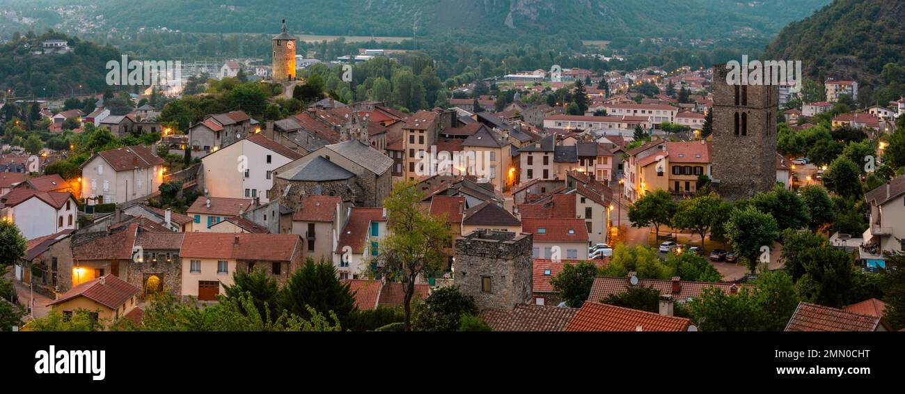 France, Ariege, Tarascon sur Ariege, general panoramic night view of the city at dusk Stock Photo