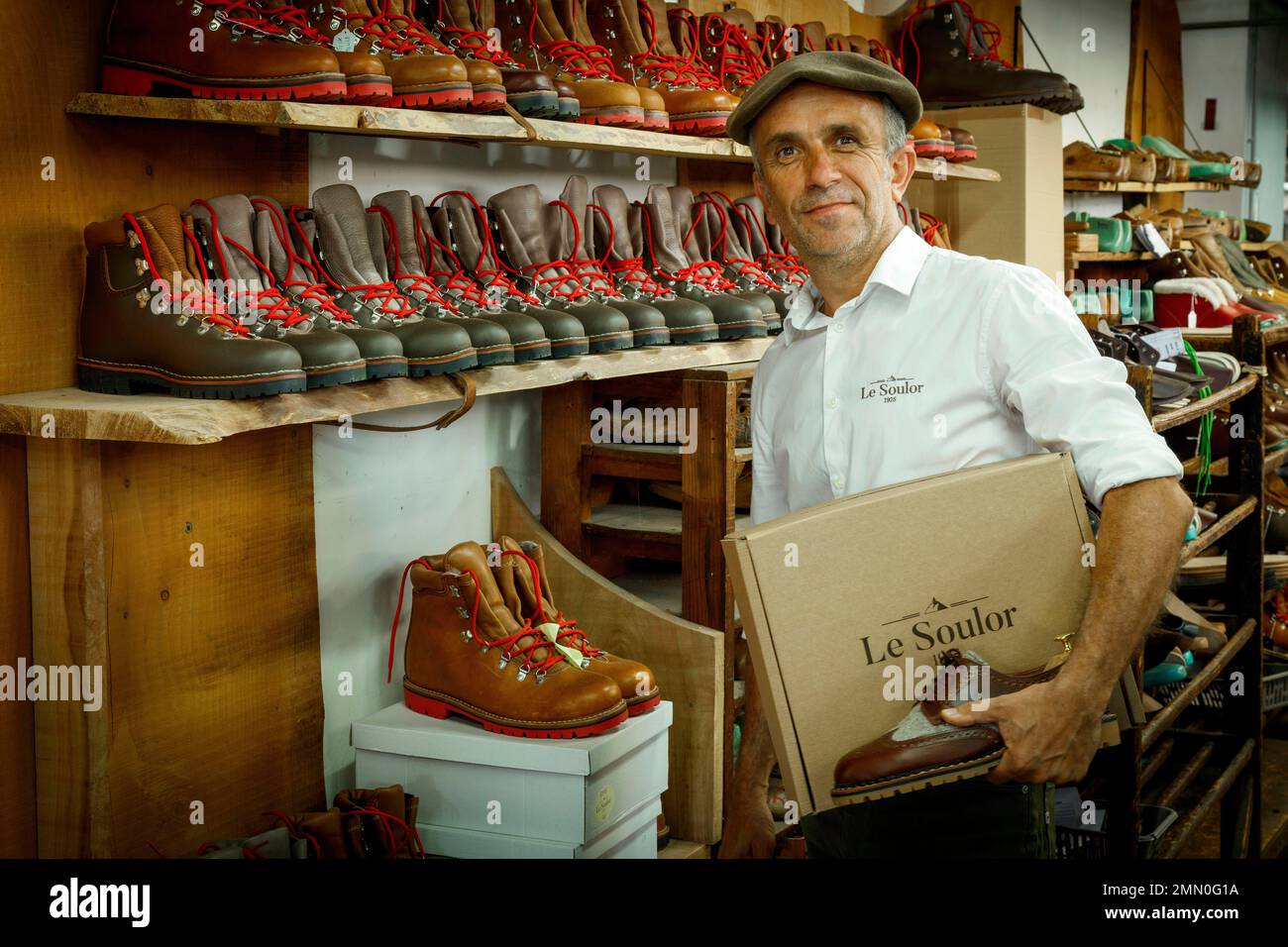 France, Pyrenees Atlantiques, Bearn, Nay, Le Soulor, artisanal shoe factory Stock Photo