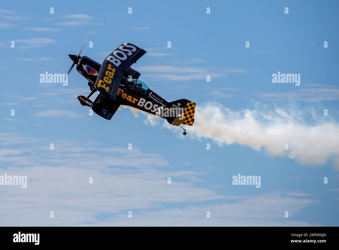 Jon Melby, piloting his Pitts S-1B Muscle Bi-Plane, performs aerobatics during the 2022 Marine Corps Air Station Miramar Air Show at MCAS Miramar, San Diego, California, Sept. 24, 2022. Melby has been performing at air shows since 2001. The theme for the 2022 MCAS Miramar Air Show, “Marines Fight, Evolve and Win,” reflects the Marine Corps’ ongoing modernization efforts to prepare for future conflicts. Stock Photo
