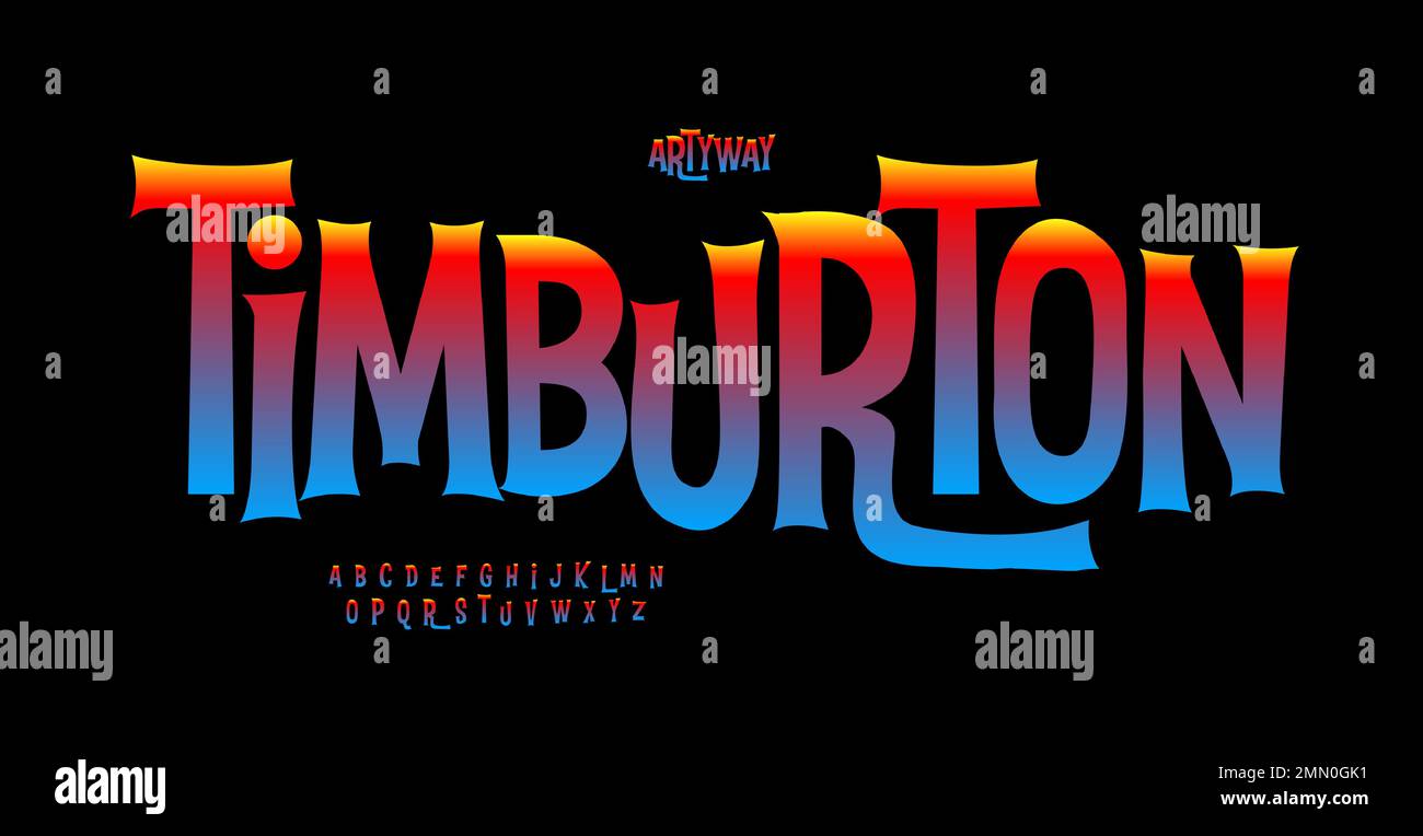 Quirky vivid alphabet, playful serif letters, funny entertaining font for bright eerie movie logo, tim burton style headline, Halloween mystery Stock Vector