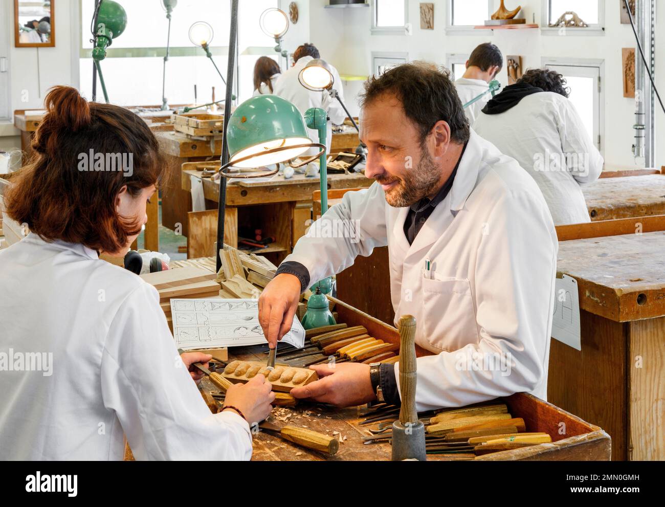 France, Pyrenees Atlantiques, Bearn, Nay, Coarraze trades high school, scene of work and training inside an educational class for training cabinetmakers in a vocational high school Stock Photo