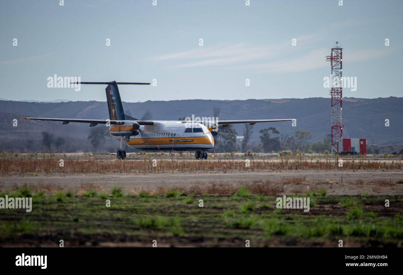 A U.S. Air Force C-17 Globemaster III with the C-17 West Coast Demo Team prepares to take off during the 2022 Marine Corps Air Station Miramar Air Show at MCAS Miramar, San Diego, California, Sept. 24, 2022. The C-17 Demo Team, stationed at Joint Base Lewis-McChord, Washington, was established in 2019 and participates in air shows across the United States to showcase the capabilities of the C-17 and represent the Air Force through community outreach. The theme for the 2022 MCAS Miramar Air Show, “Marines Fight, Evolve and Win,” reflects the Marine Corps’ ongoing modernization efforts to prepar Stock Photo