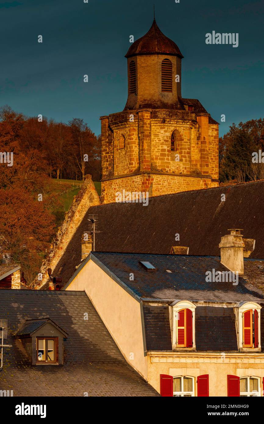 France, Pyrenees Atlantiques, Bearn, Nay, view of the bell tower of the church at sunrise Stock Photo