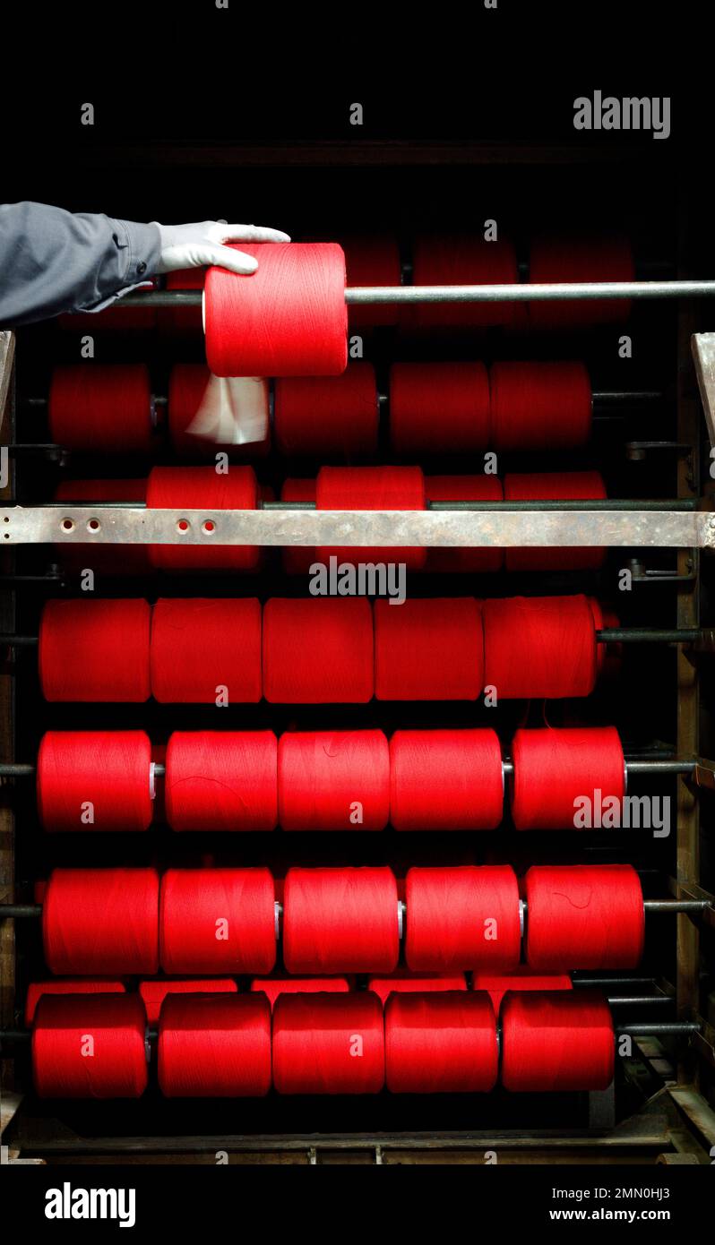 France, Pyrenees Atlantiques, Bearn, Nay, Lepere dye factory, work scene inside the industrial textile workshop Stock Photo