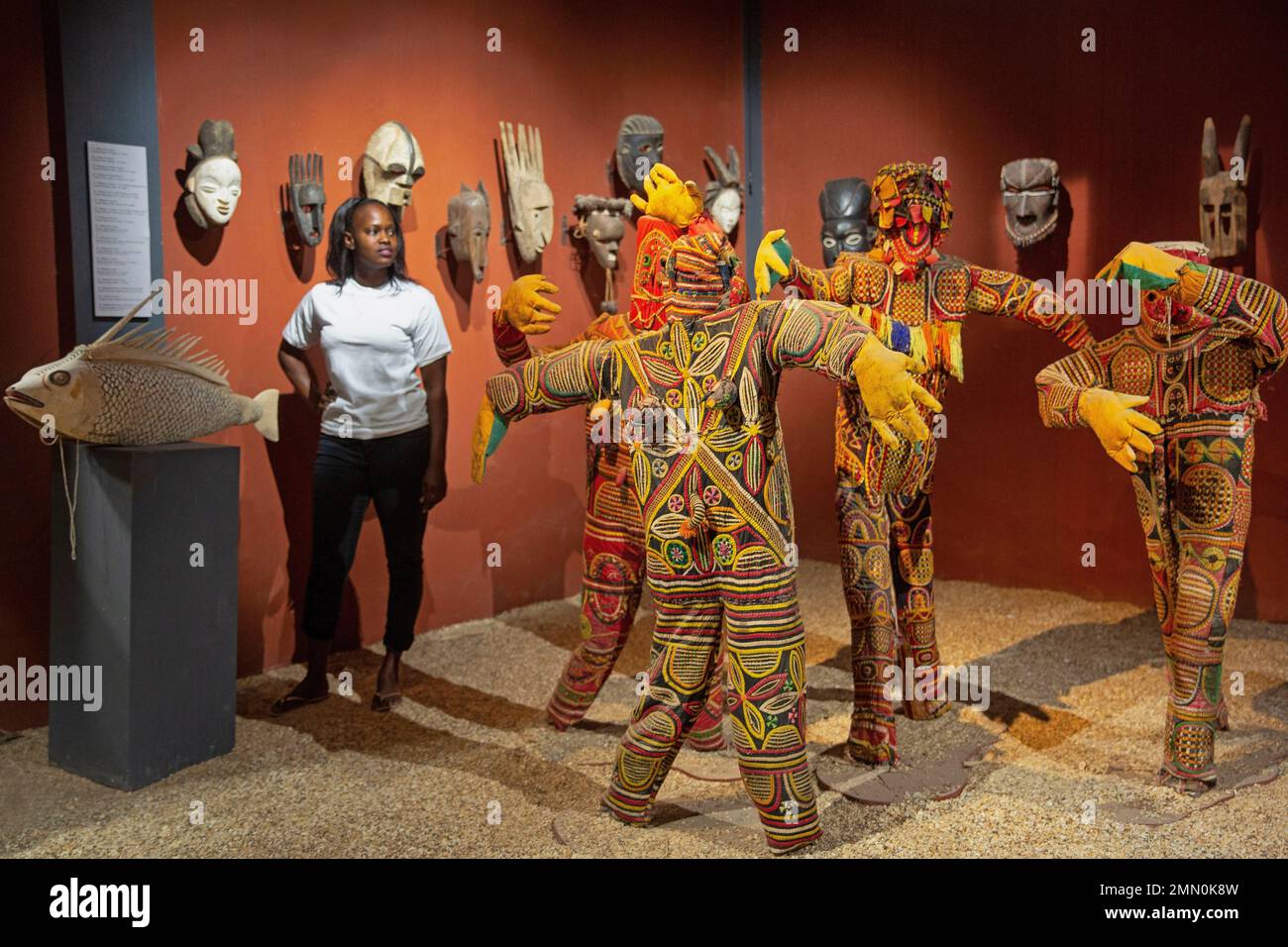 Senegal, Saloum delta listed as World Heritage by UNESCO, Djilor Djidiack, guide to the Mahicao museum, the museum of art and history of West African cultures, in the middle of mannequins wearing ceremonial costumes Stock Photo