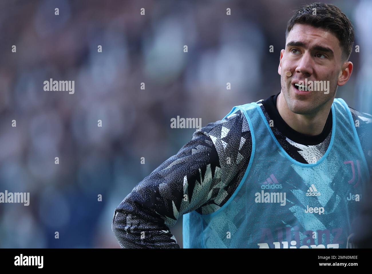 Dusan Vlahovic of Juventus Fc during warm up before  the Serie A match beetween Juventus Fc and Ac Monza at Allianz Stadium on January 29, 2023 in Turin, Italy . Stock Photo
