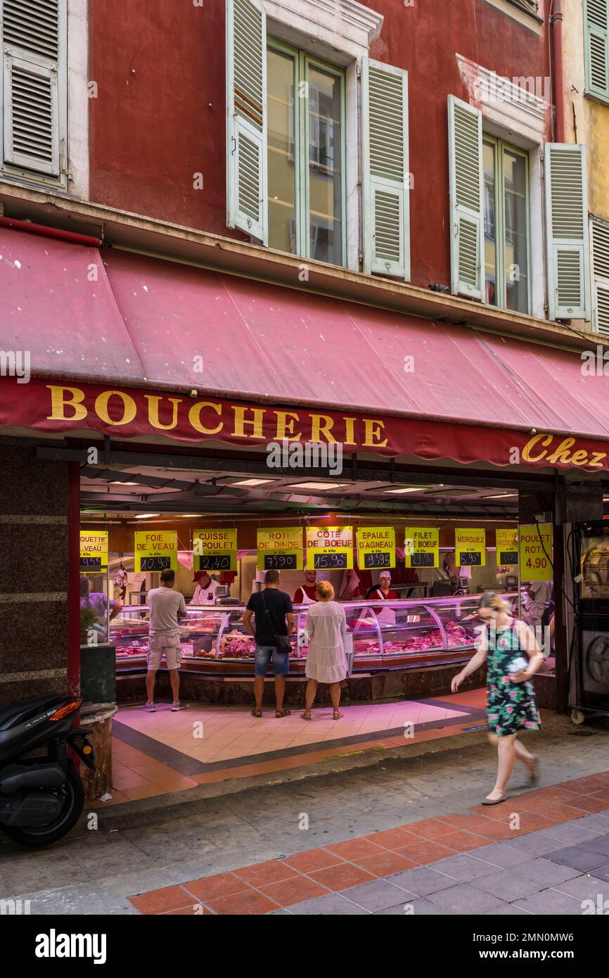 France, Alpes-Maritimes, Nice, listed as World Heritage by UNESCO, Old Nice, butcher Chez Francis rue Saint Francois Stock Photo