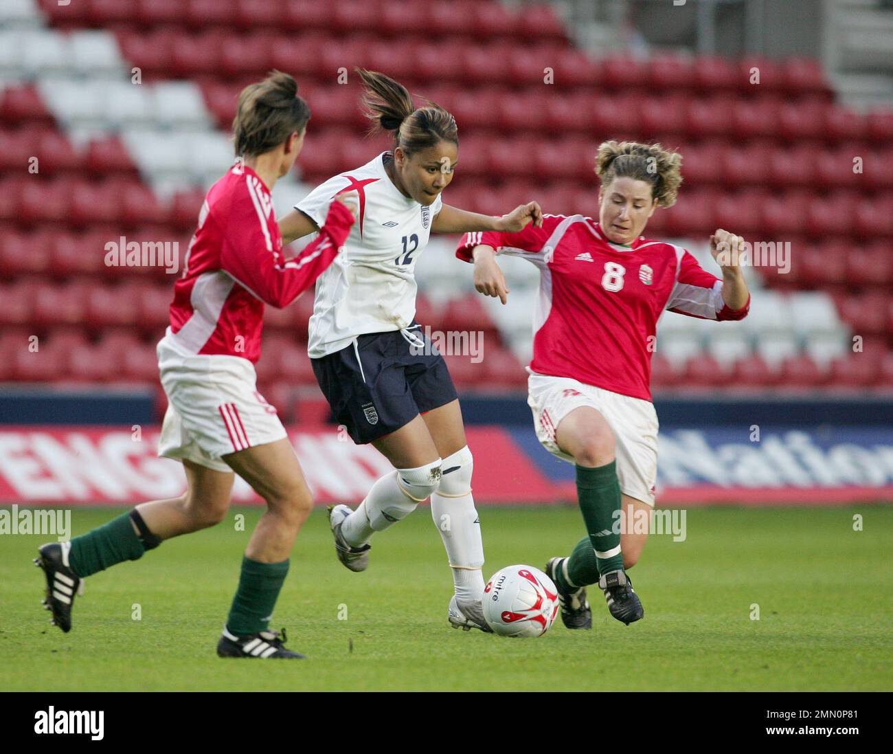 England v Hungary Women's football 2006 World Cup Qualifier  at St Marys stadium Southampton. Englands Alex Scott in action. image is bound by Dataco restrictions on how it can be used. EDITORIAL USE ONLY No use with unauthorised audio, video, data, fixture lists, club/league logos or “live” services. Online in-match use limited to 120 images, no video emulation. No use in betting, games or single club/league/player publications Stock Photo