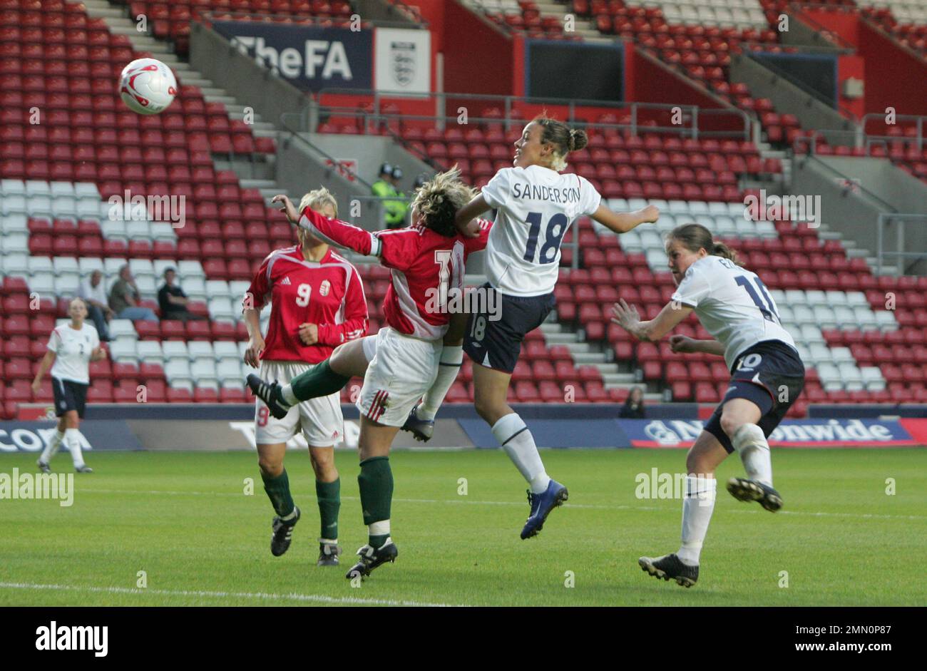 England v Hungary Women's football 2006 World Cup Qualifier  at St Marys stadium Southampton. Lianne Sanderson gets a header towards goal.  image is bound by Dataco restrictions on how it can be used. EDITORIAL USE ONLY No use with unauthorised audio, video, data, fixture lists, club/league logos or “live” services. Online in-match use limited to 120 images, no video emulation. No use in betting, games or single club/league/player publications Stock Photo