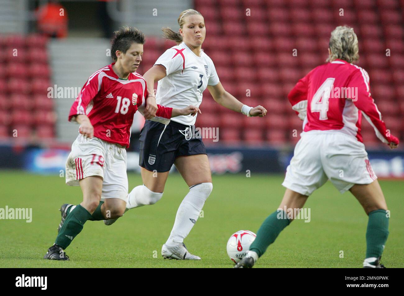 England v Hungary Women's football 2006 World Cup Qualifier  at St Marys stadium Southampton. Englands Rachel Unitt in action.  image is bound by Dataco restrictions on how it can be used. EDITORIAL USE ONLY No use with unauthorised audio, video, data, fixture lists, club/league logos or “live” services. Online in-match use limited to 120 images, no video emulation. No use in betting, games or single club/league/player publications Stock Photo
