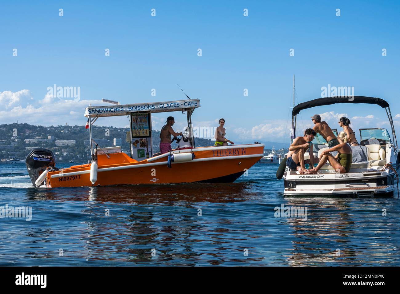 France, Alpes-Maritimes, Cannes, Lerins Islands, Sainte-Marguerite island, ice cream bar and snacks boat going around the boats at anchor Stock Photo