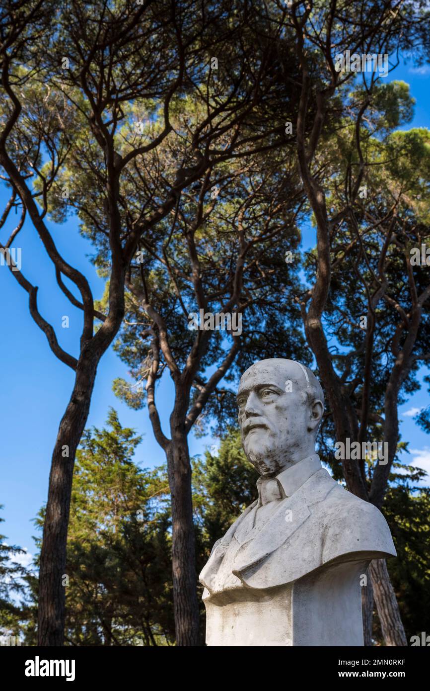 France, Alpes-Maritimes, Antibes, The Botanical Garden of Villa Thuret (attached to INRAE), labeled Jardin Remarquable (Outstanding Garden) and Remarkable Tree, bust of the botanist and algologist Gustave Thuret under the umbrella pines Stock Photo