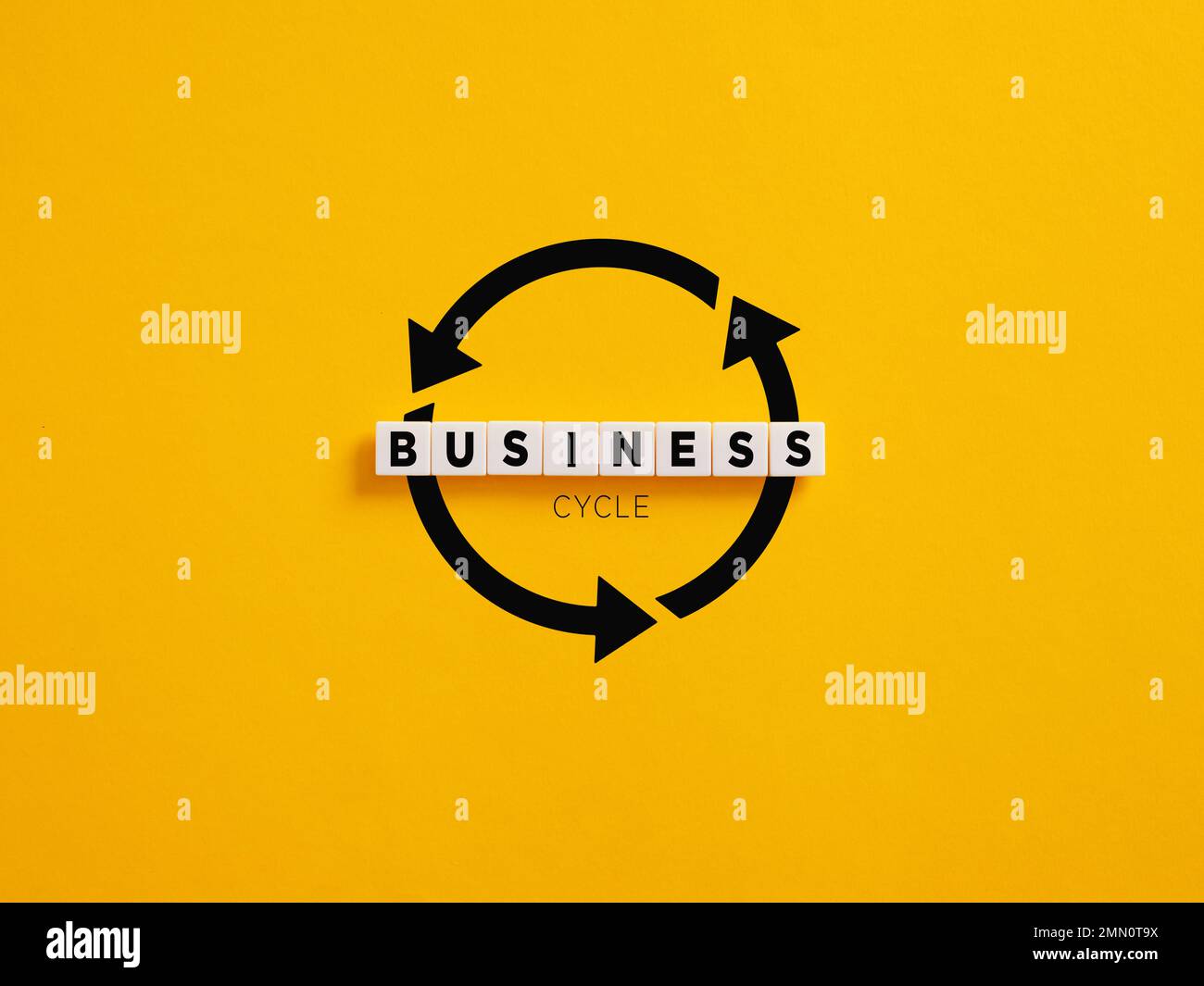 Business cycle concept on white letter blocks on yellow background. Intervals of expansion followed by recession in economic activity. Stock Photo