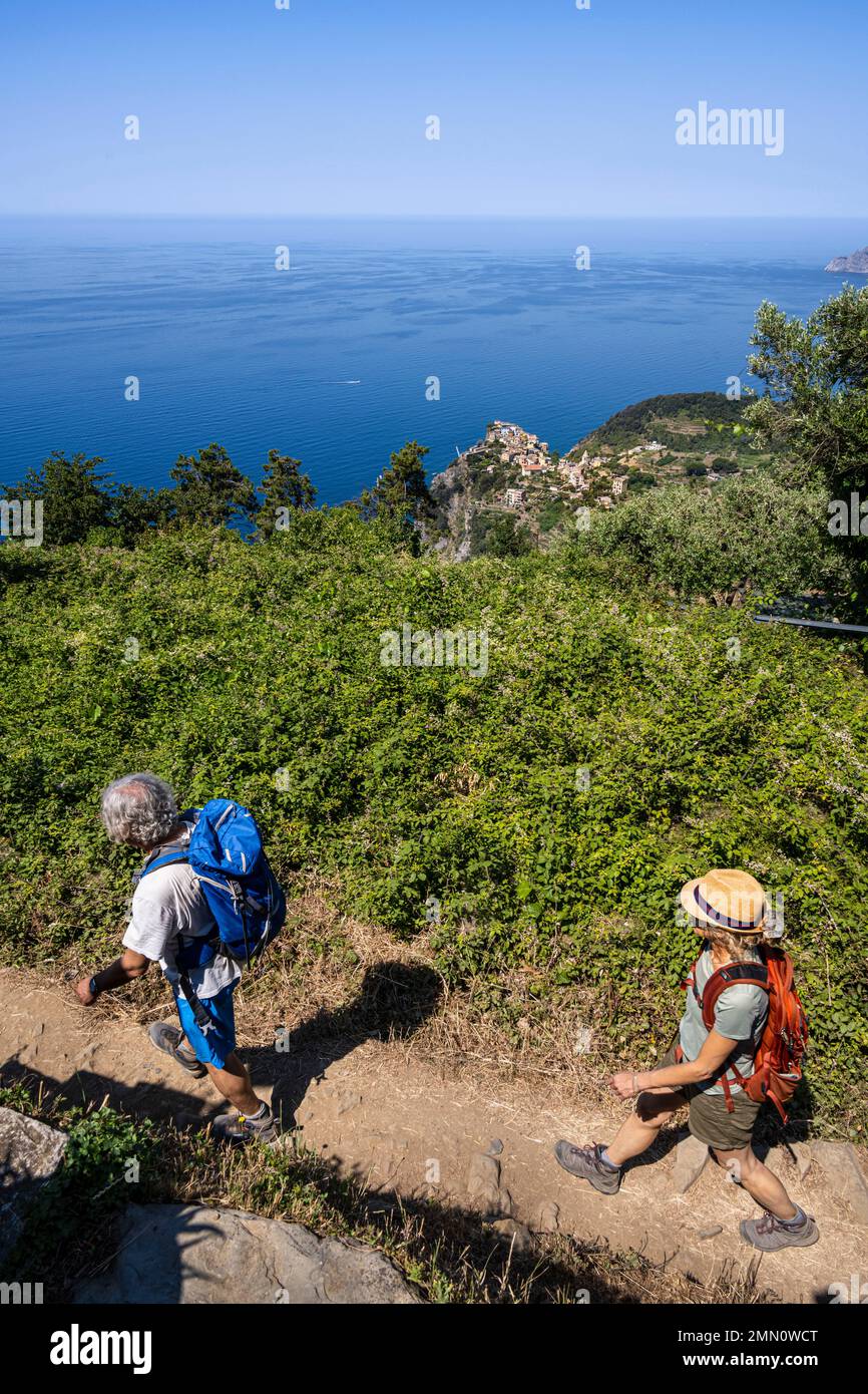 Italy, Liguria, Cinque Terre National Park listed as World Heritage by UNESCO, hikers climbing on the GR 586 path between Corniglia and Volastra above Manarola, the village of Corniglia in the background Stock Photo