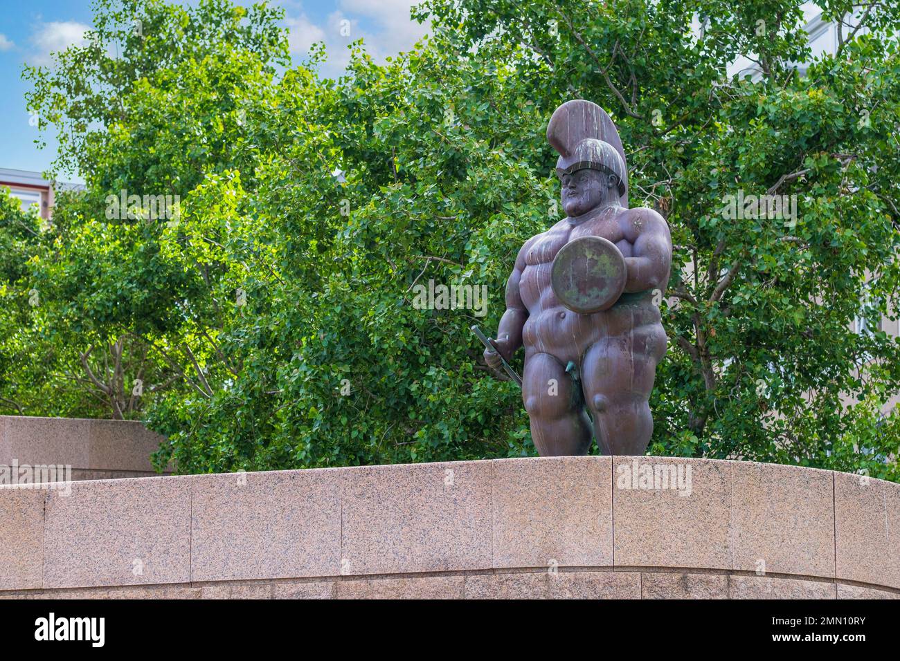 Spain, Galicia, A Coruña, bronze statue Roman Soldier by Fernando Botero in front of the House of Mankind or Domus by Japanese architect Arata Isozaki Stock Photo