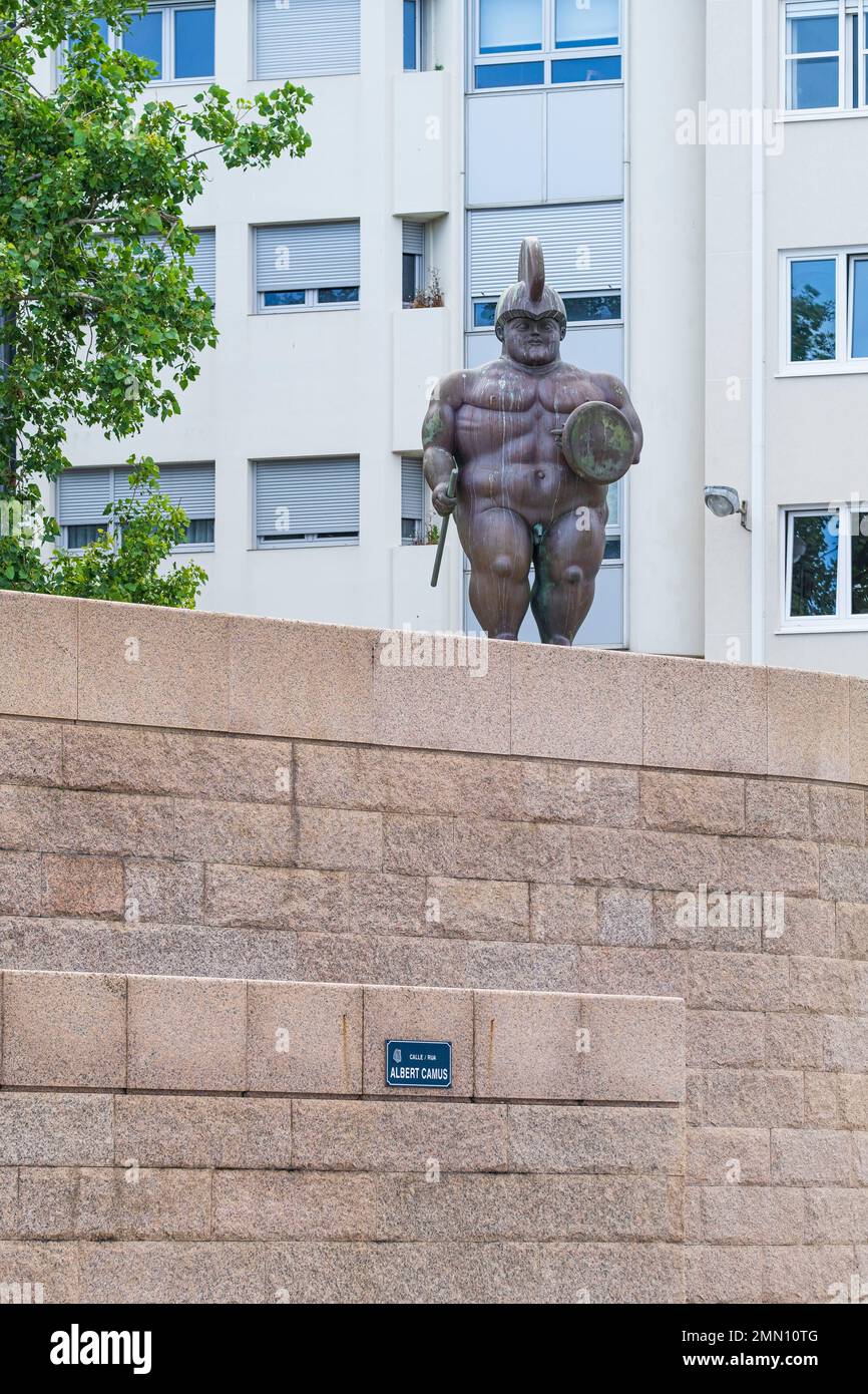 Spain, Galicia, A Coruña, bronze statue Roman Soldier by Fernando Botero in front of the House of Mankind or Domus by Japanese architect Arata Isozaki Stock Photo