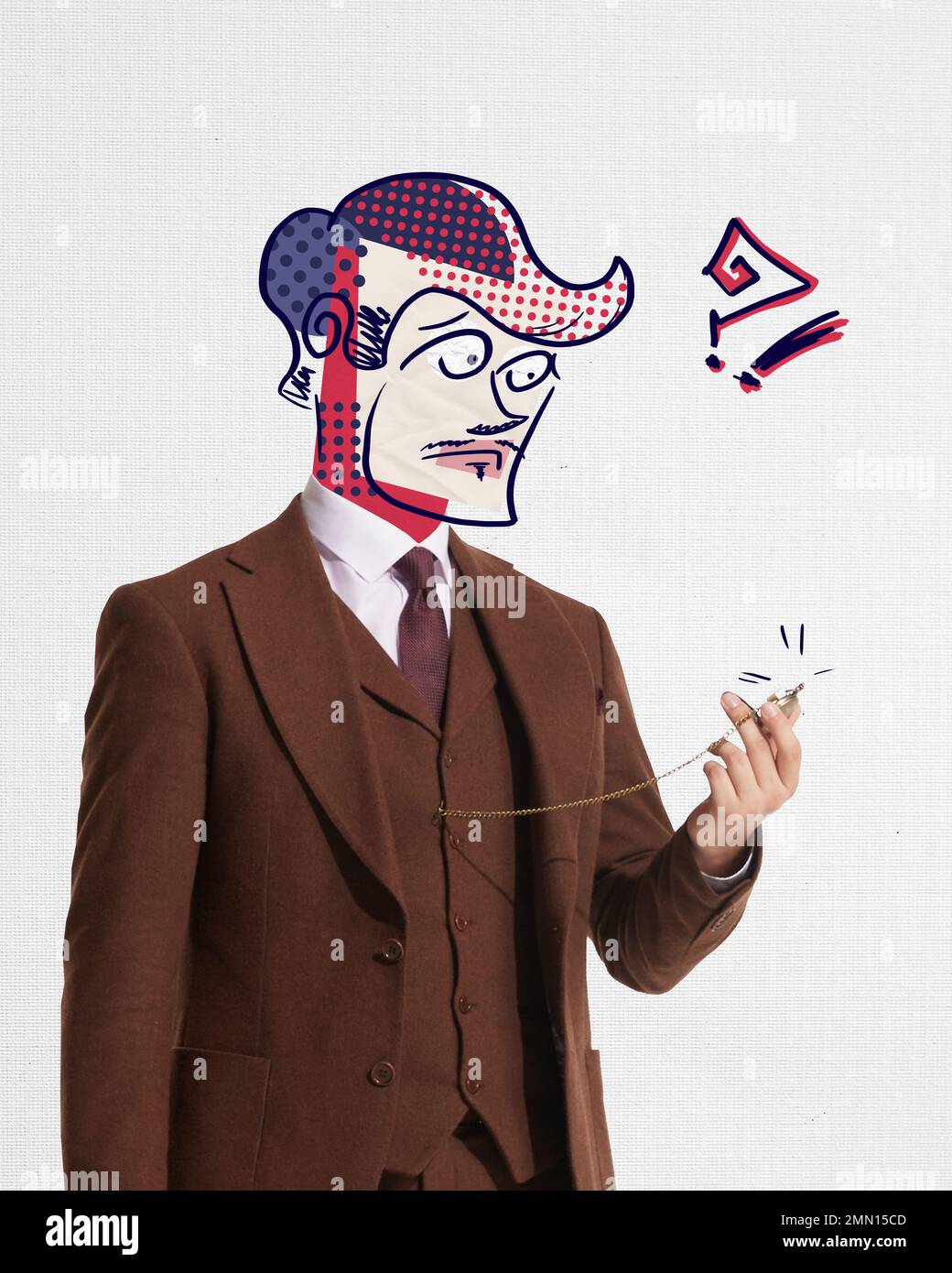 Contemporary art collage. Creative design. Man with doodle face in brown suit looking on clock with emotive expression. Business deadlines, time Stock Photo