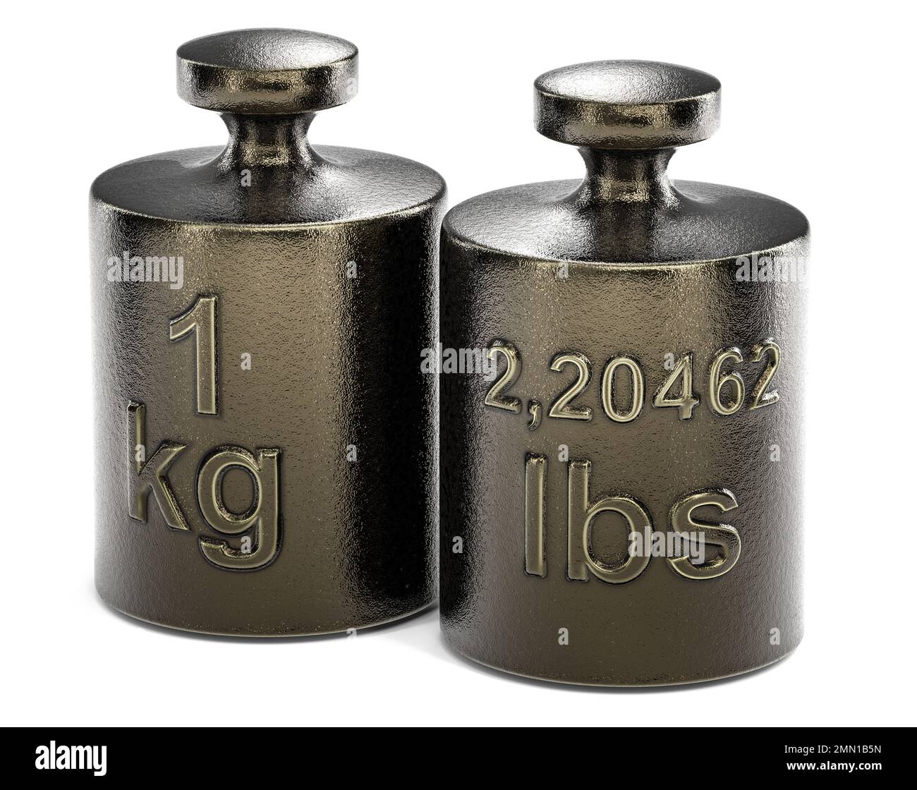 Convert one kilogram to pounds. Weight with 1 kg and another one with 2,2046 lbs over white background, 3d illustration. Stock Photo