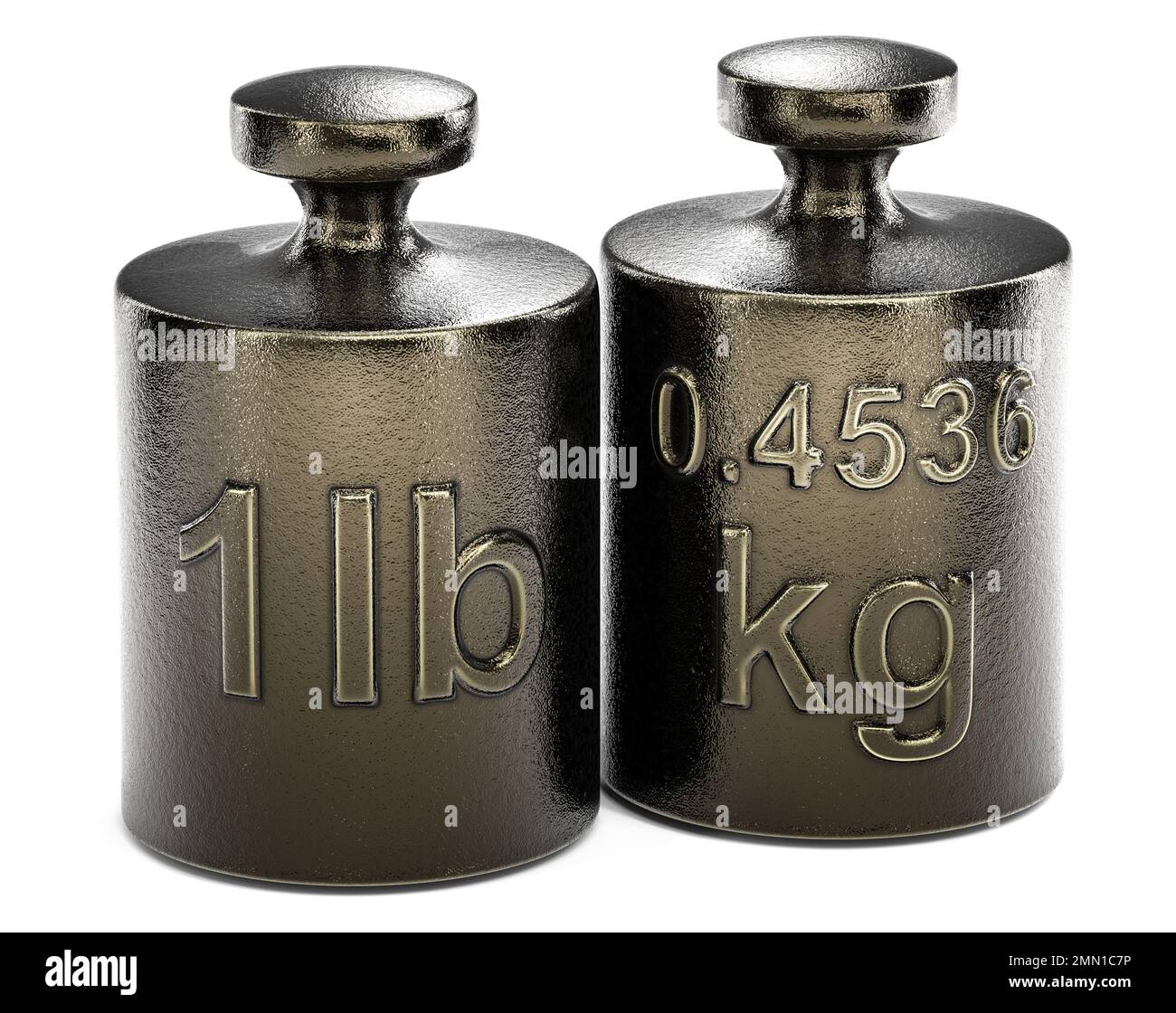 Convert one pound to kilograms. Weight with 1 lb and another one with 0.4536 kg over white background, 3d illustration. Stock Photo