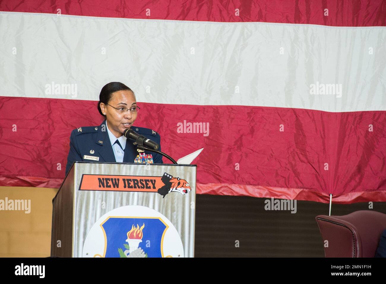 Col. Lola Washington gives her remarks during the 108th Mission Support Group change of command ceremony at Joint Base McGuire-Dix-Lakehurst, N.J., Sept. 24, 2022. Washington assumed command of the 108th MSG from Col. Bernadette Maldonado who served as commander since May 2021. Previously Washington served as the Chief of the Joint Staff for the New Jersey Air and Army National Guard in Lawrenceville, N.J. Stock Photo