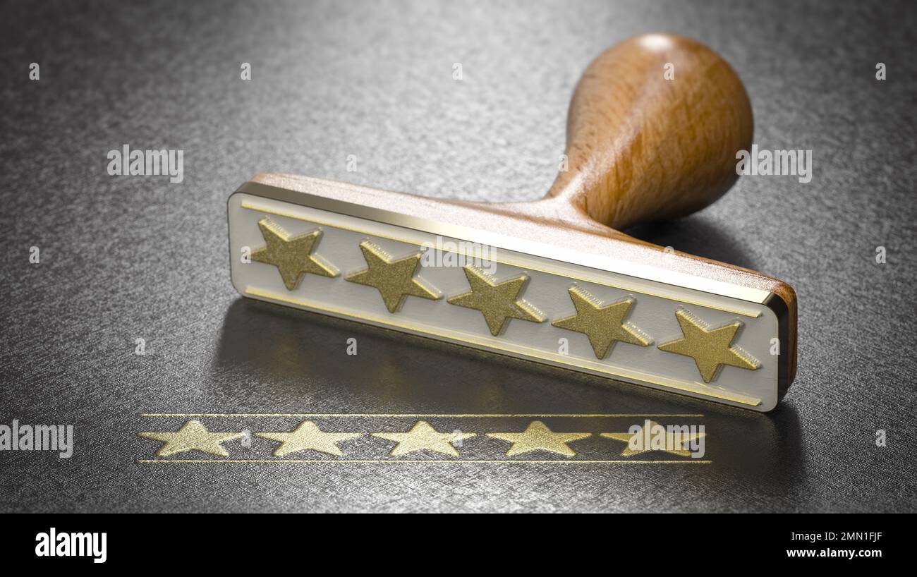 Five golden stars and a rubber stamp over black background. Concept of customer satisfaction. 3d illustration. Stock Photo