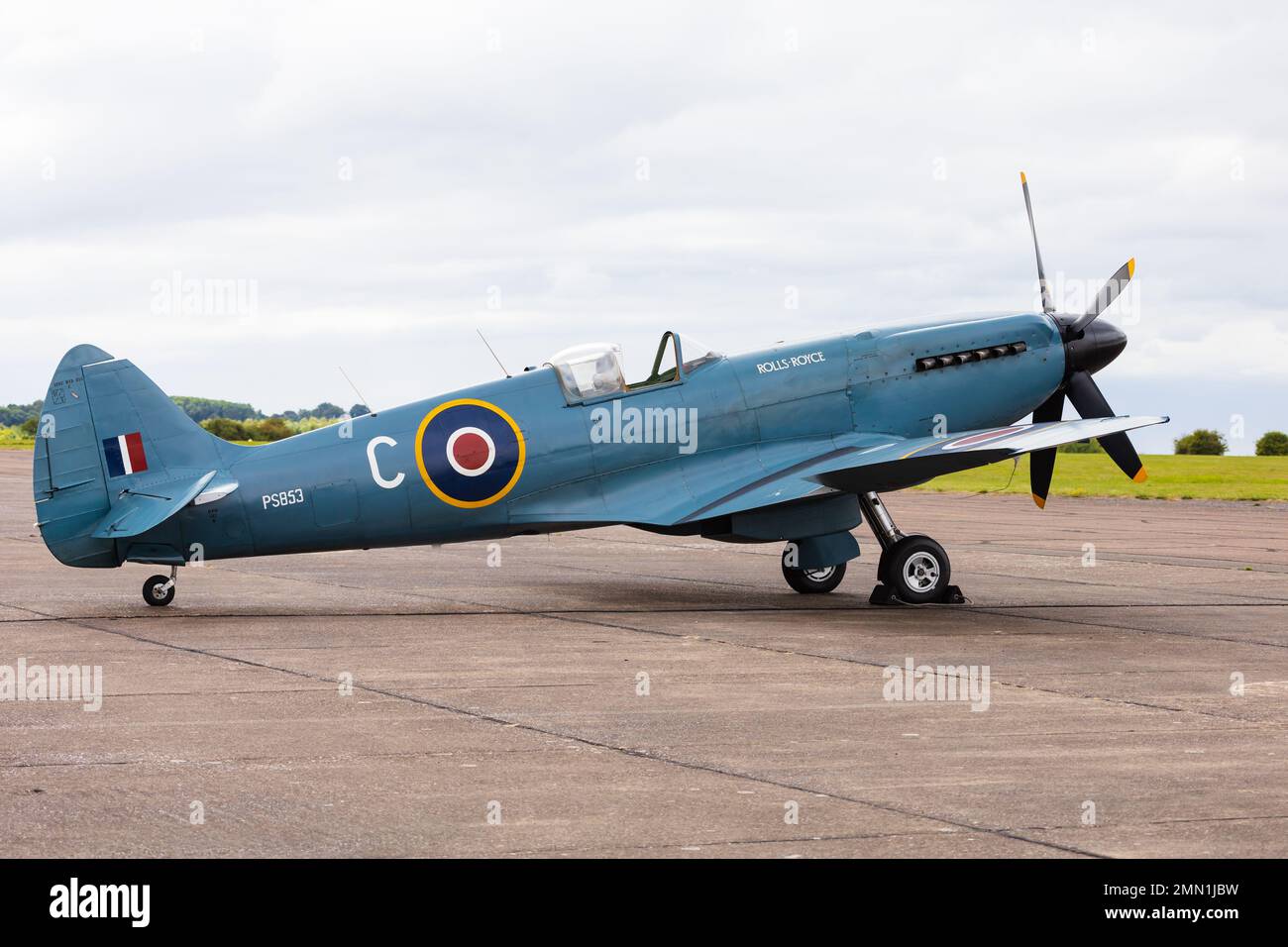 Ex RAF WW2 Supermarine Spitfire PRXIX, photo reconnaissance, PS853, of the Rolls Royce Heritage Trust. On the ground at RAF Syerston, Nottinghamshire, Stock Photo