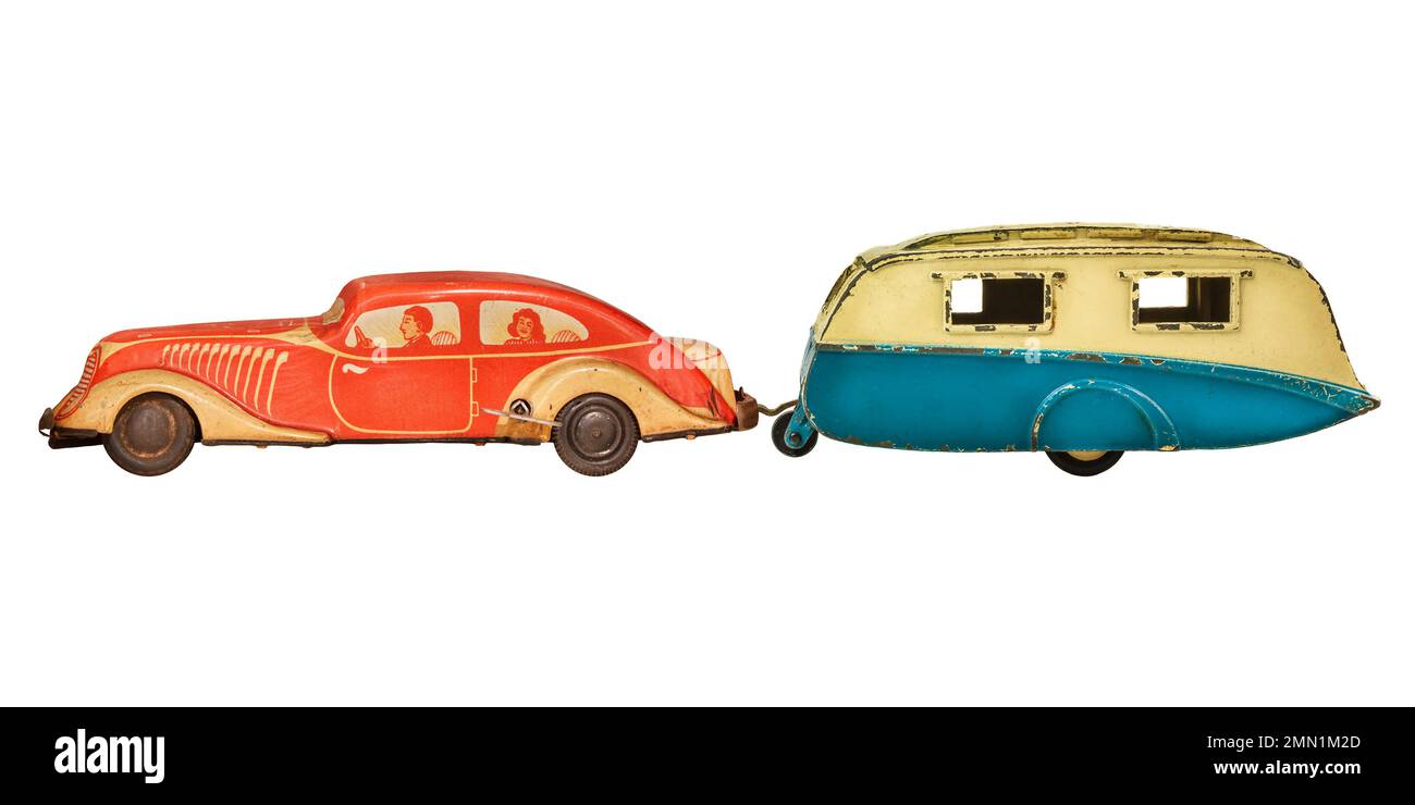 Vintage toy car with classic caravan isolated on a white background Stock Photo