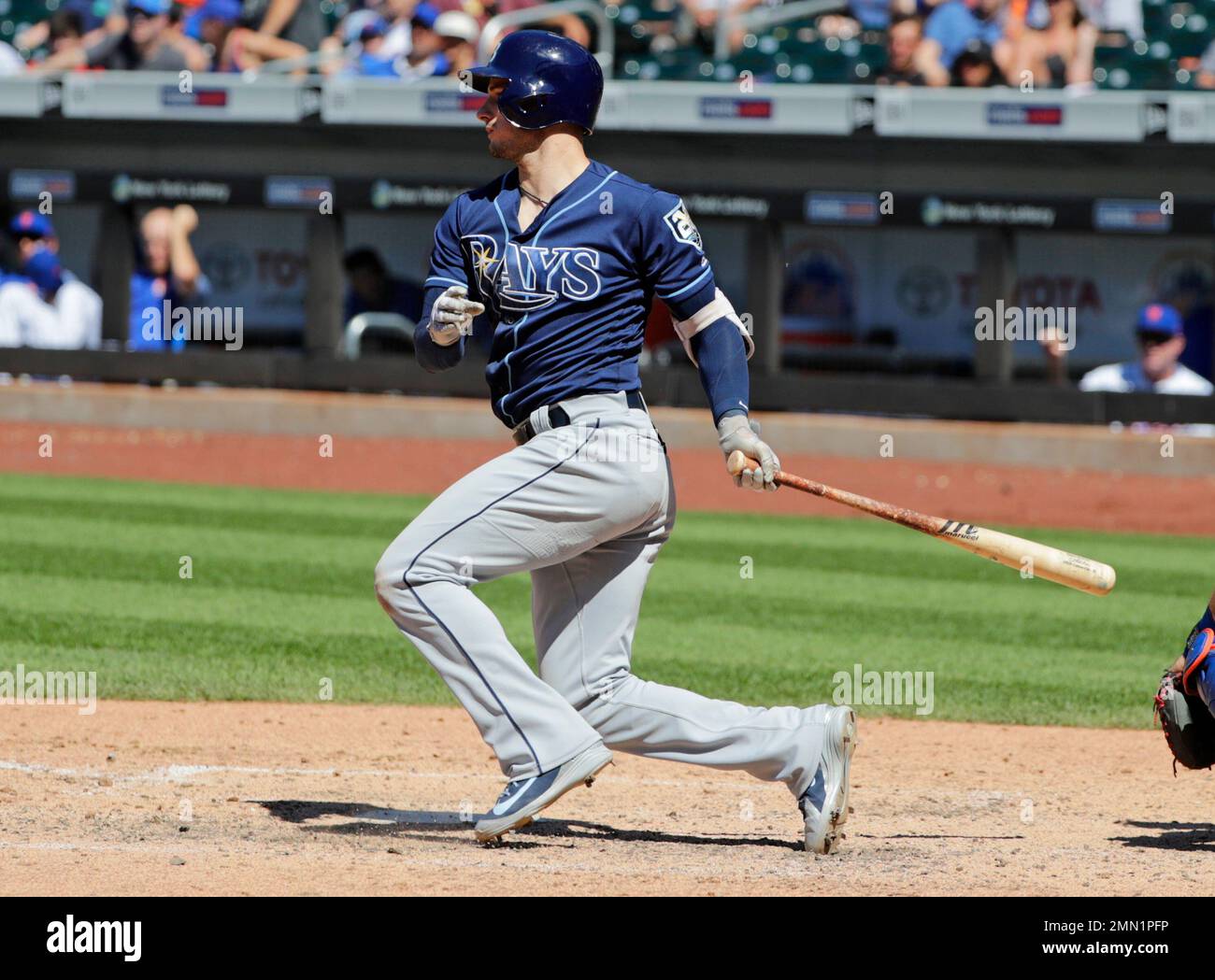Tampa Bay Rays' Daniel Robertson grounds into a force-out during the eighth  inning of a baseball game against the New York Mets, Sunday, July 8, 2018,  in New York. Matt Duffy scored