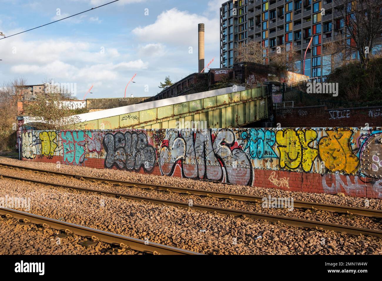 Yorkshire, UK 21 Dec 2020 A wall of graffiti beside empty tram
