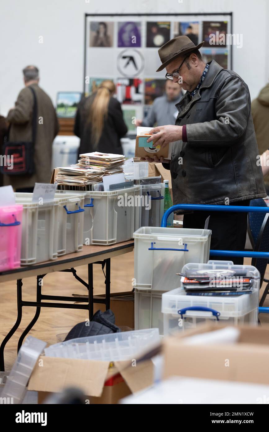 Vinyl record collectors attend London's biggest record fair, at RHS Lindley Hall and Lawrence